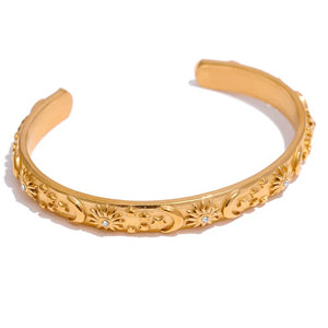 18k Gold Bangle with Celestial Motifs: Sun, Moon, and Stars | Elegant Stainless Steel Jewellery Piece Inspired by the Cosmos - Dorsya