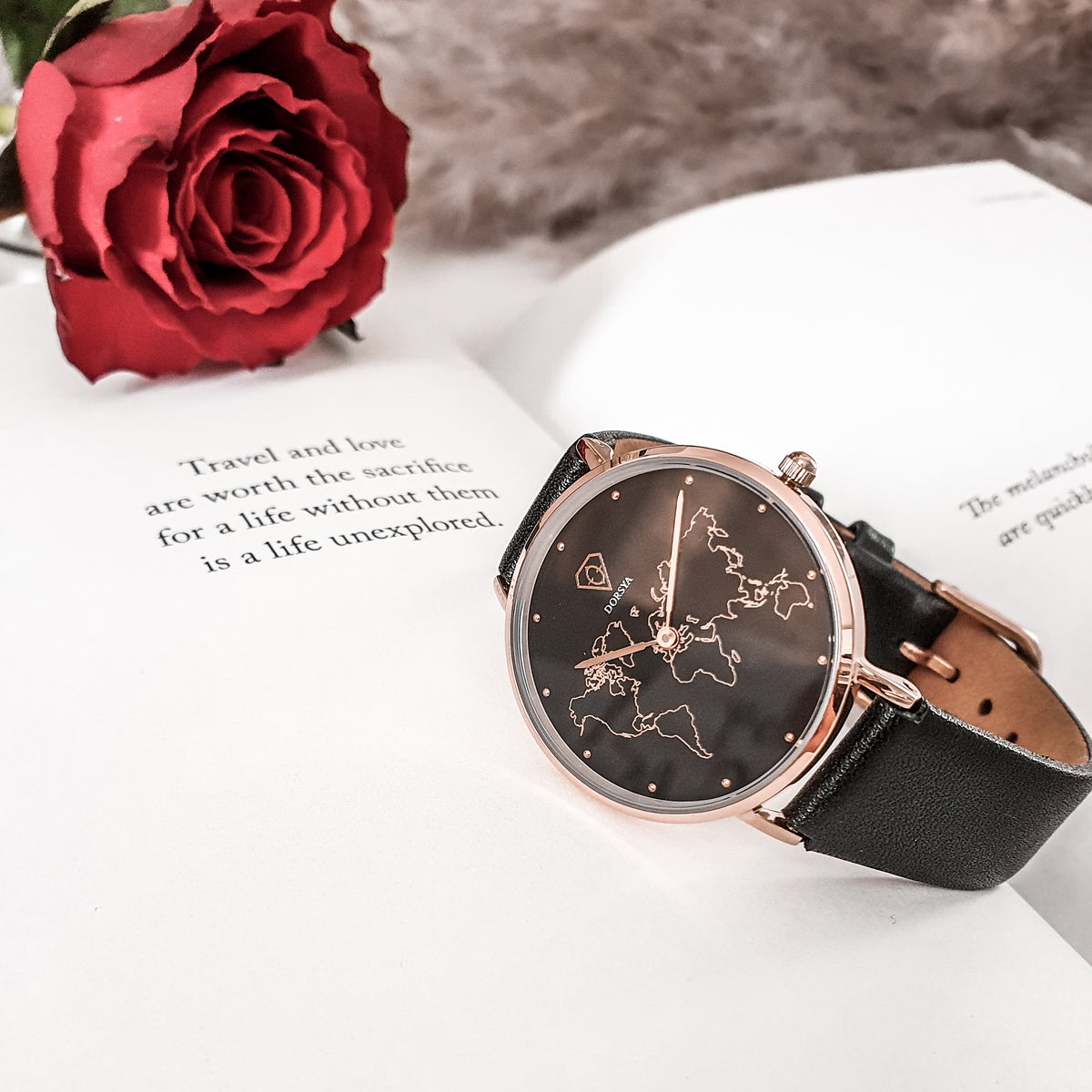 Mercury Rose Gold World Map Watch with Black Leather Strap