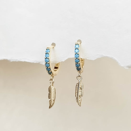 Bezel Set Hoops with Feather Charm in Gold