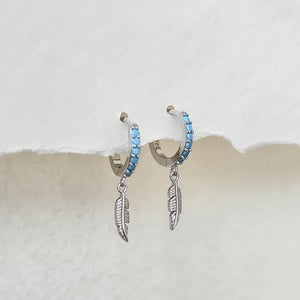Bezel Set Hoops with Feather Charm in Silver