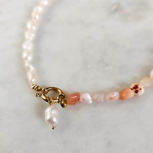 Pearl and Pink Opal Beaded Chocker Necklace