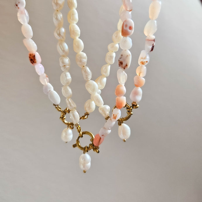 Pearl and Pink Opal Beaded Chocker Necklace
