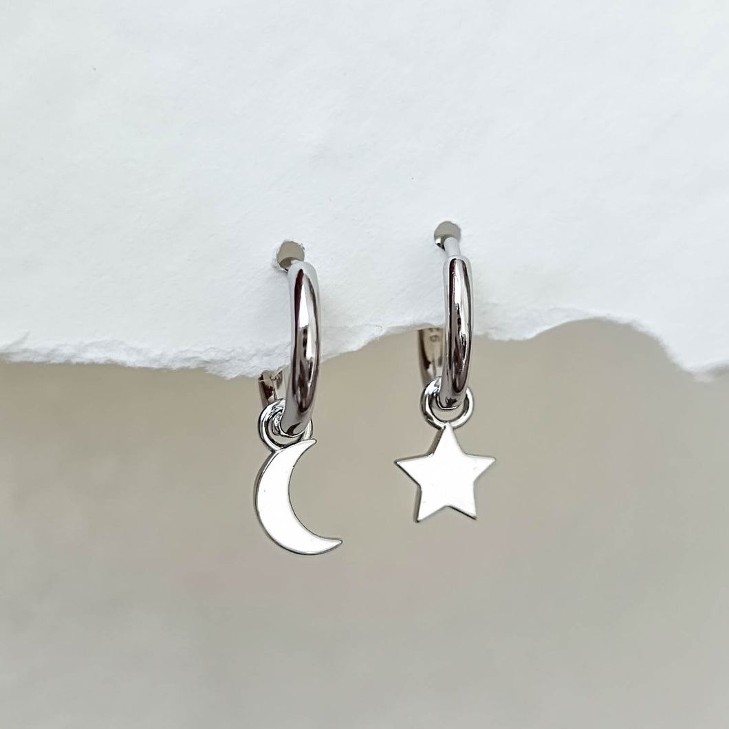 Hoops with Star & Moon Charm in Silver