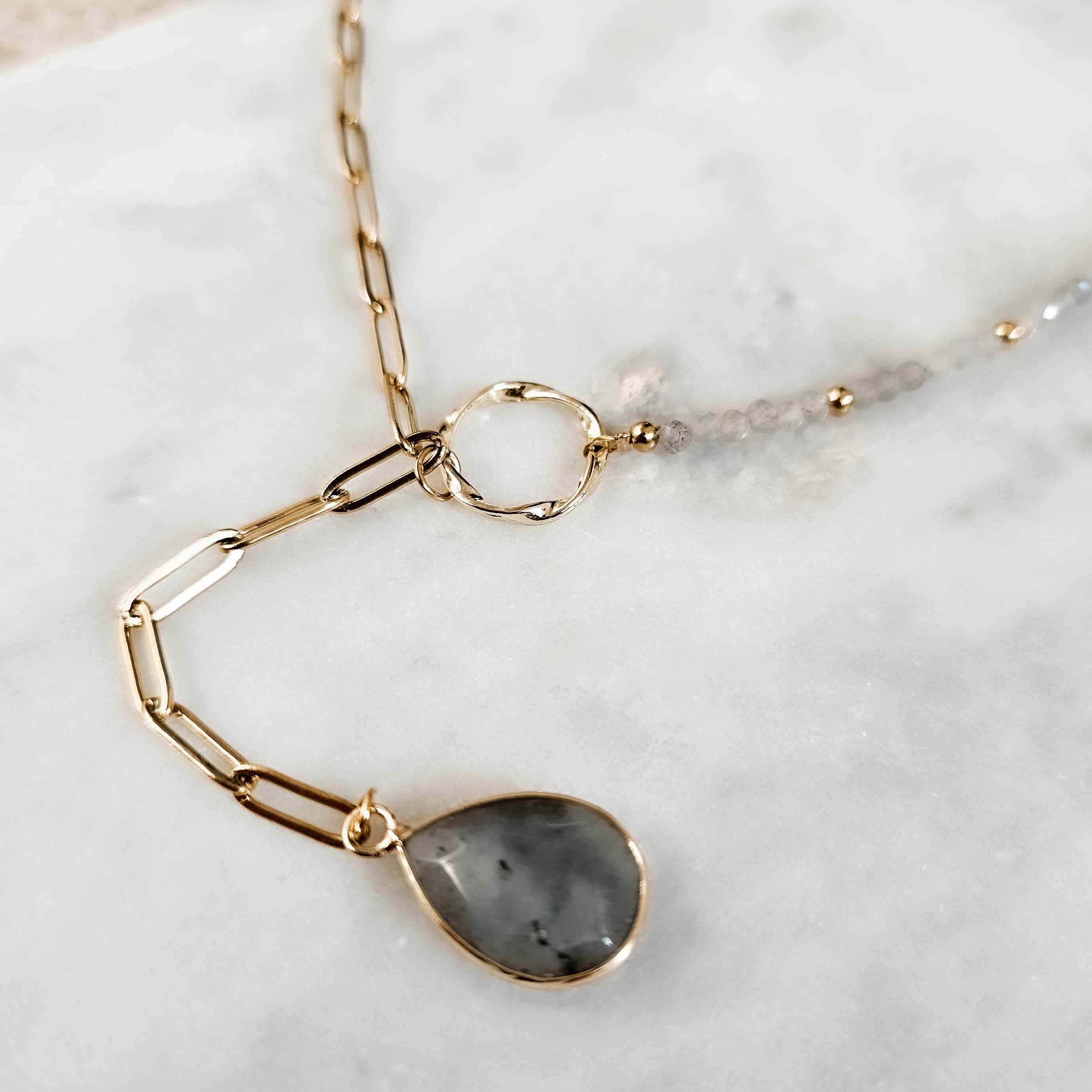 Labradorite Pendant Gold Link Chain Necklace Close Up