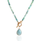 A chocker necklace with natural amazonite gemstones and a faceted cut, featuring a gold-plated t-bar front closure and a teardrop-shaped pendant.