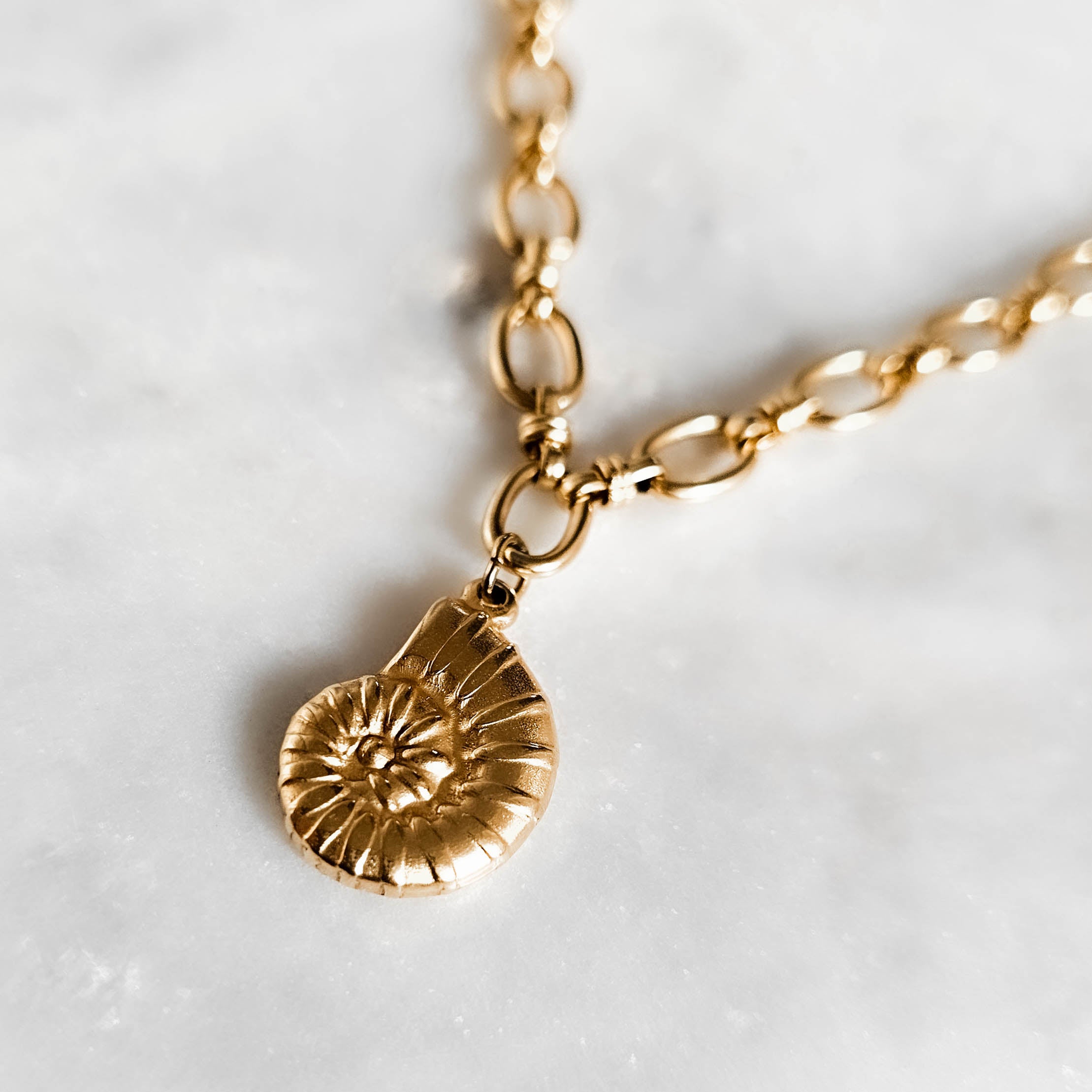 Gold Chunky Chain Ammonite Pendant Front 