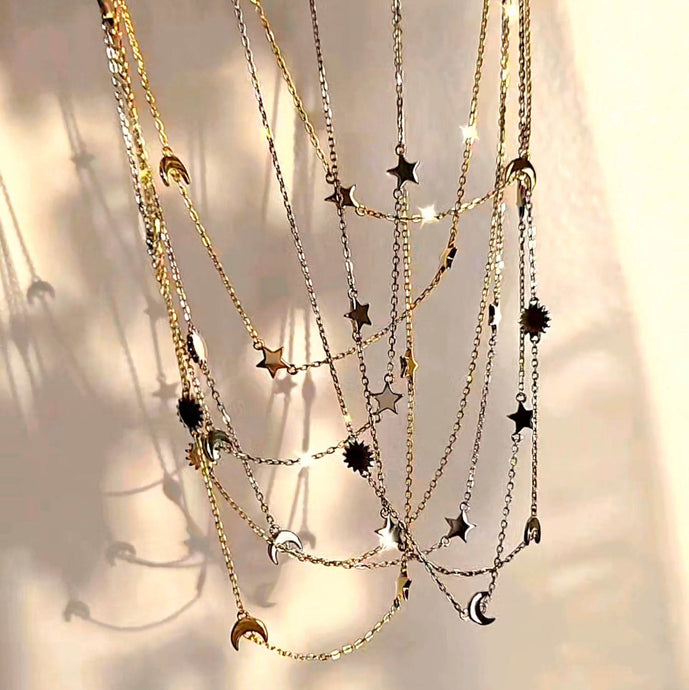 celestial necklace, sun moon stars necklace, silver celestial necklace, gold celestial necklace by dorsya