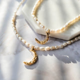 Daya Freshwater Pearl Gold Necklace with Moon Pendant