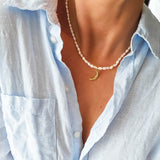 Daya Freshwater Pearl Gold Necklace with Moon Pendant