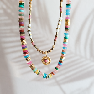 Multicolour Beaded  Gemstone Necklace Round Gold Pendant Close Up