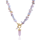 Necklace with multicolored beads and a pink crystal pendant 