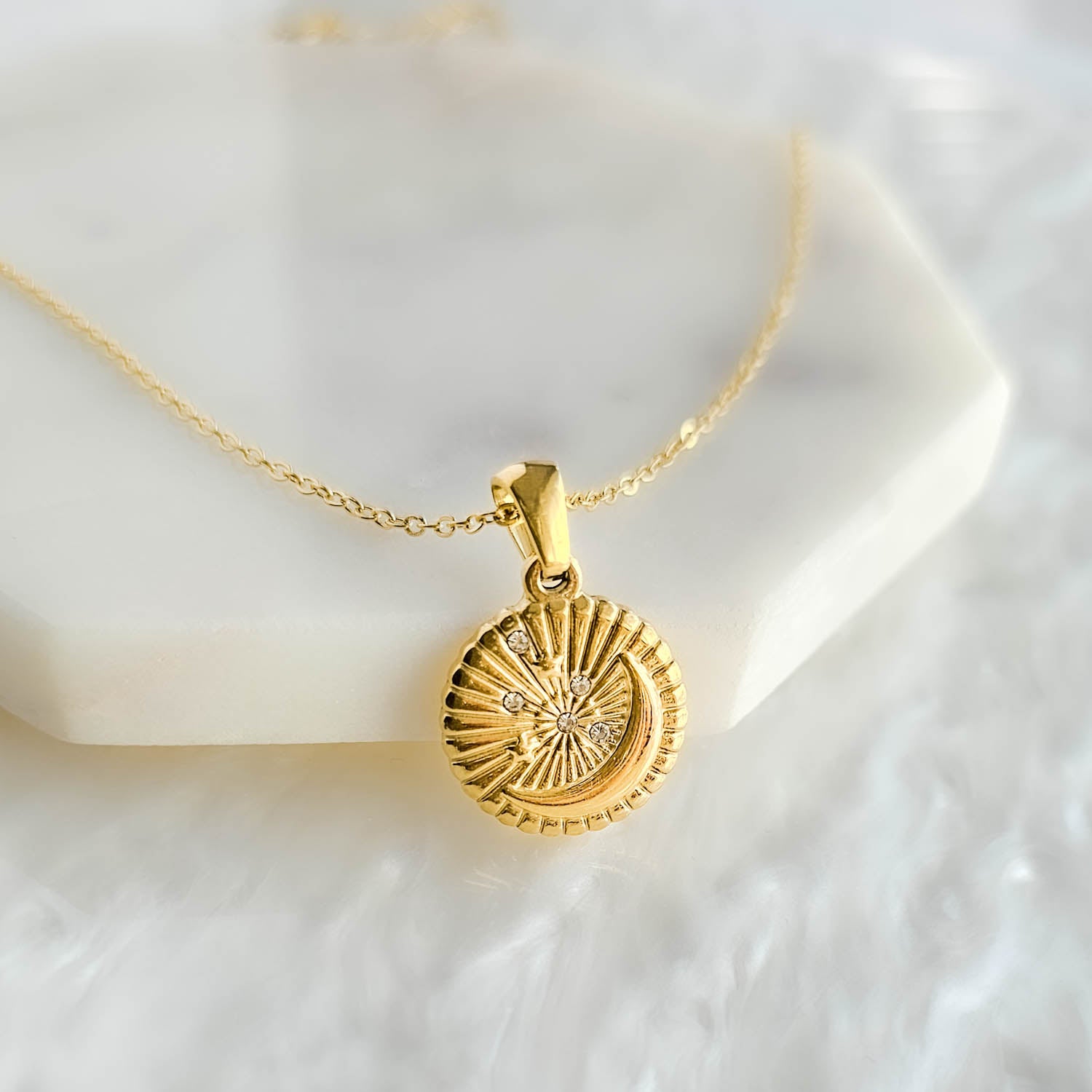  Gold Round Moon Star Pendant  Necklace Close Up