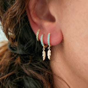 Bezel Set Hoops with Feather Charm in Gold