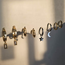 Load image into Gallery viewer, bezel set hoops in silver, bezel set earrings, silver hoops, silver hoop earrings, silver earrings, gold earrings, gold hoops by dorsya