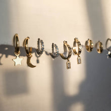 Load image into Gallery viewer, bezel set hoops in silver, bezel set earrings, silver hoops, silver hoop earrings, silver earrings, gold earrings, gold hoops by dorsya