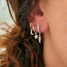 Load image into Gallery viewer, Bezel Set Hoops with Feather Charm in Silver