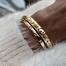 Load image into Gallery viewer, 18k Gold Bangle with Celestial Motifs: Sun, Moon, and Stars | Elegant Stainless Steel Jewellery Piece Inspired by the Cosmos - Dorsya