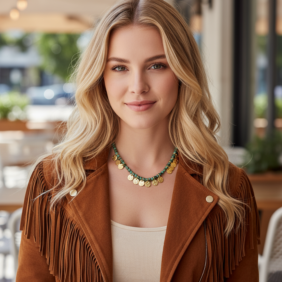 Woman wearing a brown fringed jacket and a necklace with a blurred outdoor background