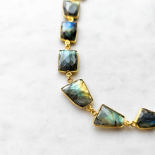Load image into Gallery viewer, gold statement necklace, labradorite statement necklace, rose cut gemstone necklace, gemstone necklace, labradorite gemstone statement necklace by dorsya