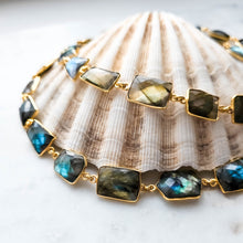 Load image into Gallery viewer, gold statement necklace, labradorite statement necklace, rose cut gemstone necklace, gemstone necklace, labradorite gemstone statement necklace by dorsya