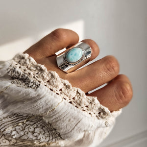 larimar ring, boho rings, handcrafted rings, adjustable statement ring, silver ring, stamenet ring, gemstone ring by dorsya