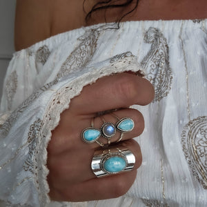 larimar ring, boho rings, handcrafted rings, adjustable statement ring, silver ring, stamenet ring, gemstone ring by dorsya