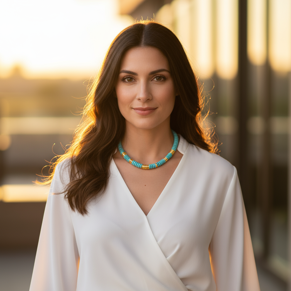 Woman wearing a white top and colorful necklace with a blurred background