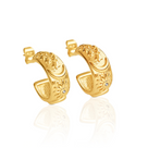 Pair of  celestial gold hoop earrings on a white background