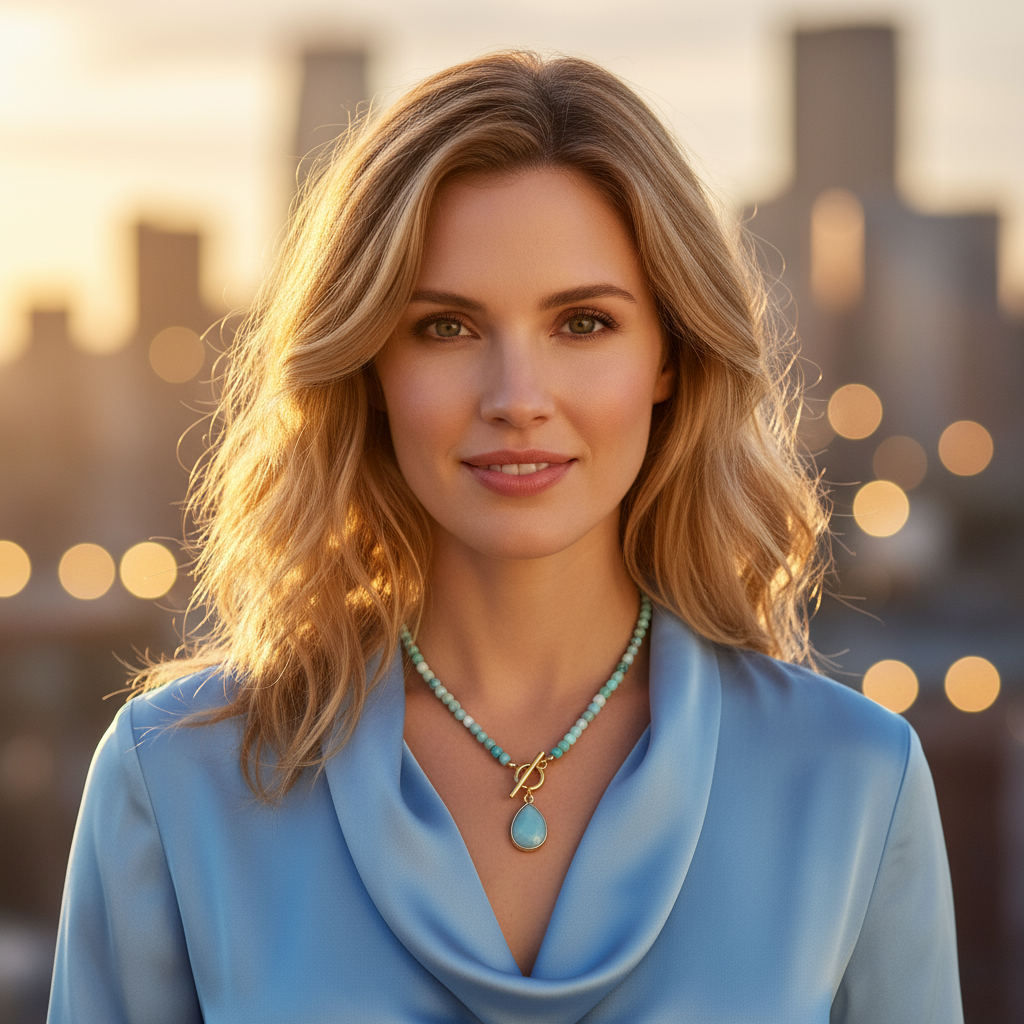 Woman wearing a blue top and turquoise necklace with blurred lights in the background