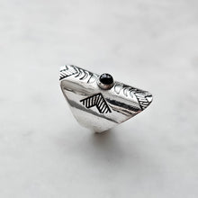 Load image into Gallery viewer, onyx ring, boho rings, handcrafted rings, adjustable statement ring, silver ring, stamenet ring, gemstone ring by dorsya