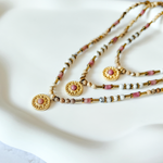 Round Gold Pendant Beaded Gemstone Necklace Detail