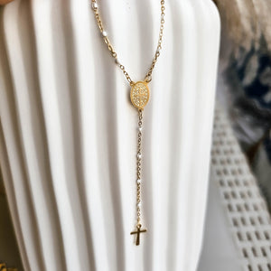 Rosary Gold Cross Pendant Necklace Front|Dorsya