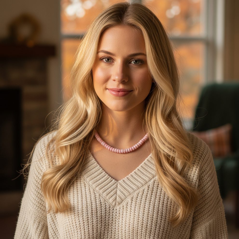 Woman wearing a beige sweater and pink necklace indoors