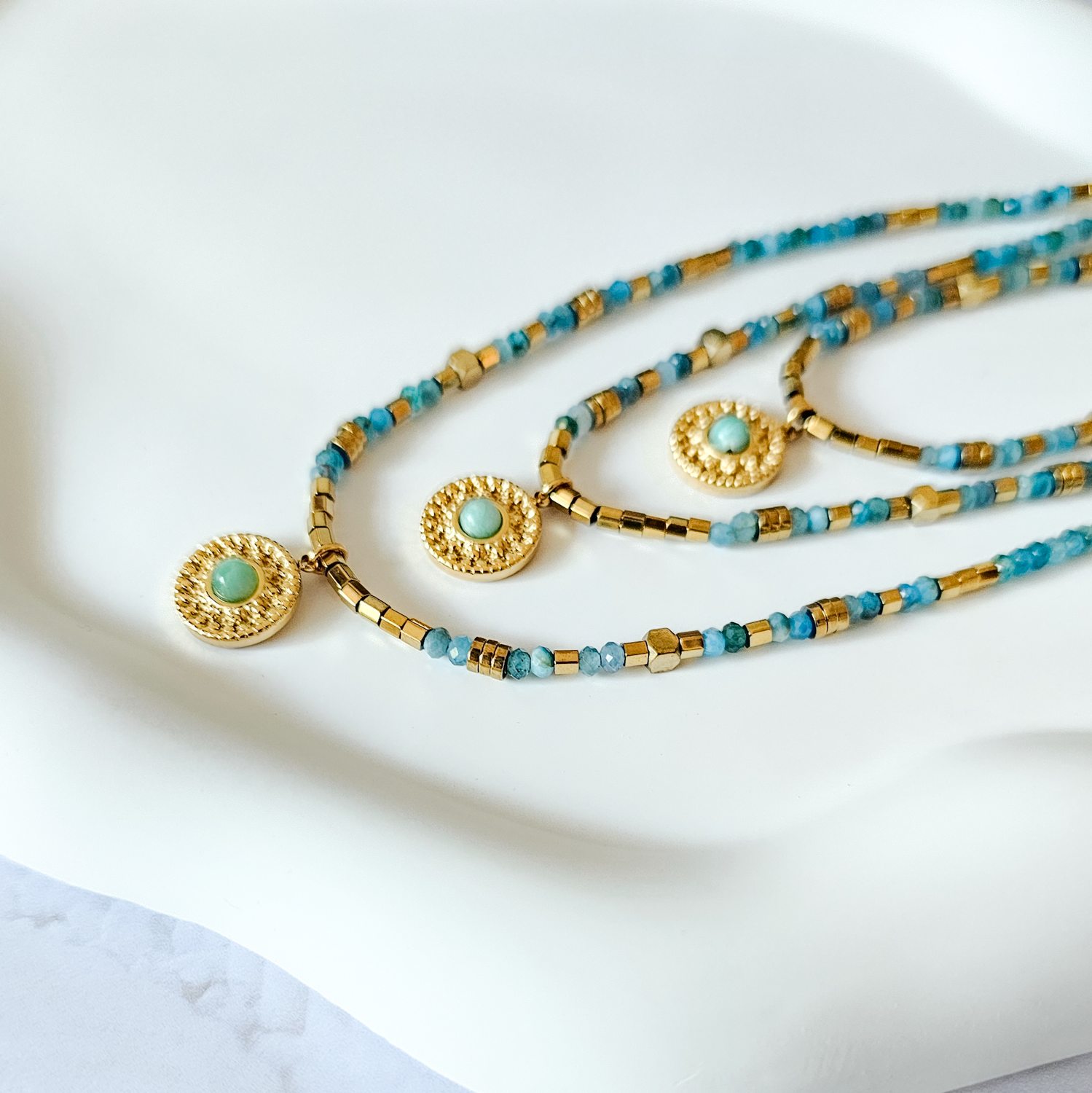 Beaded Necklace Blue Apatite Gemstone Detail 