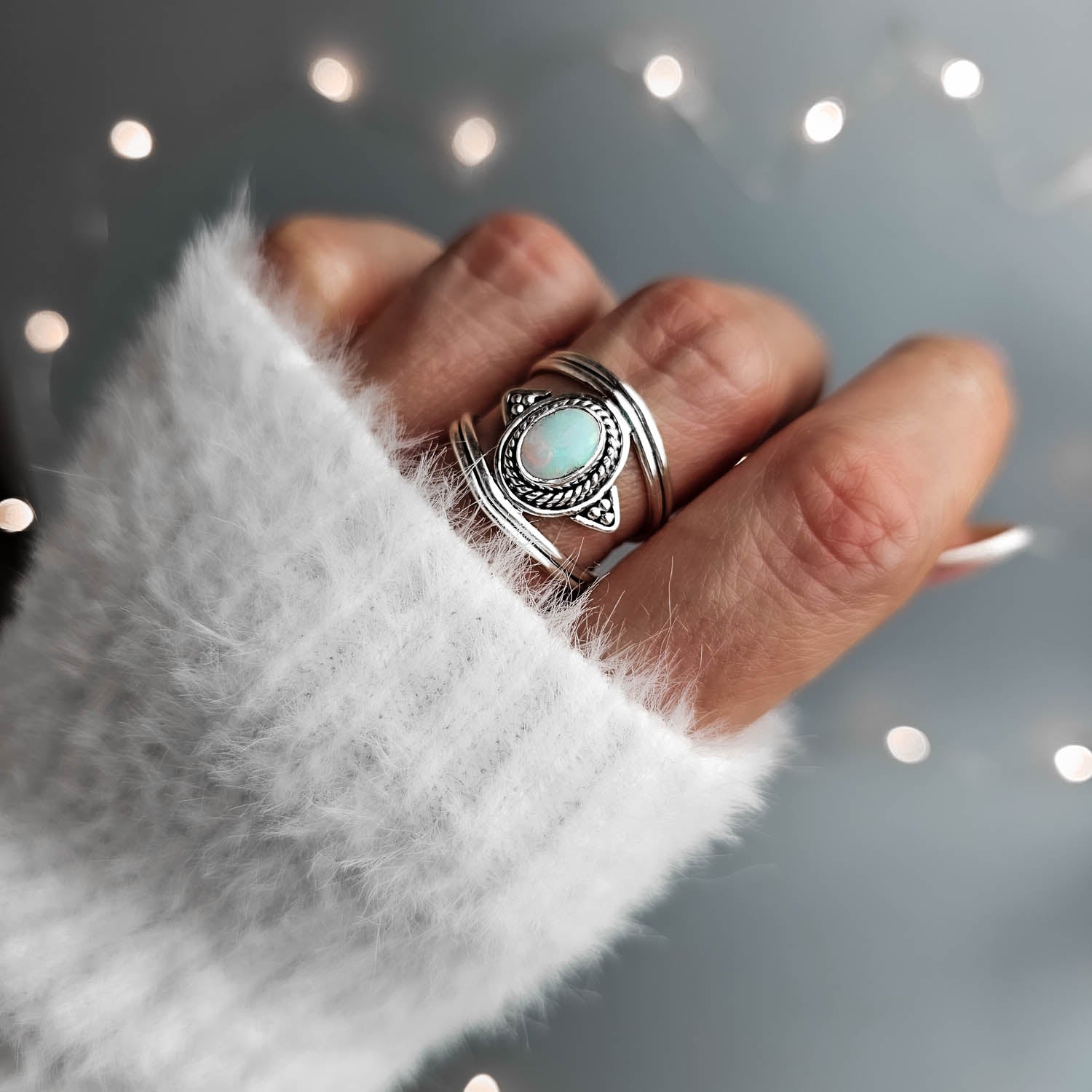 Adjustable Opal Gemstone Silver Ring Up|Dorsya
 