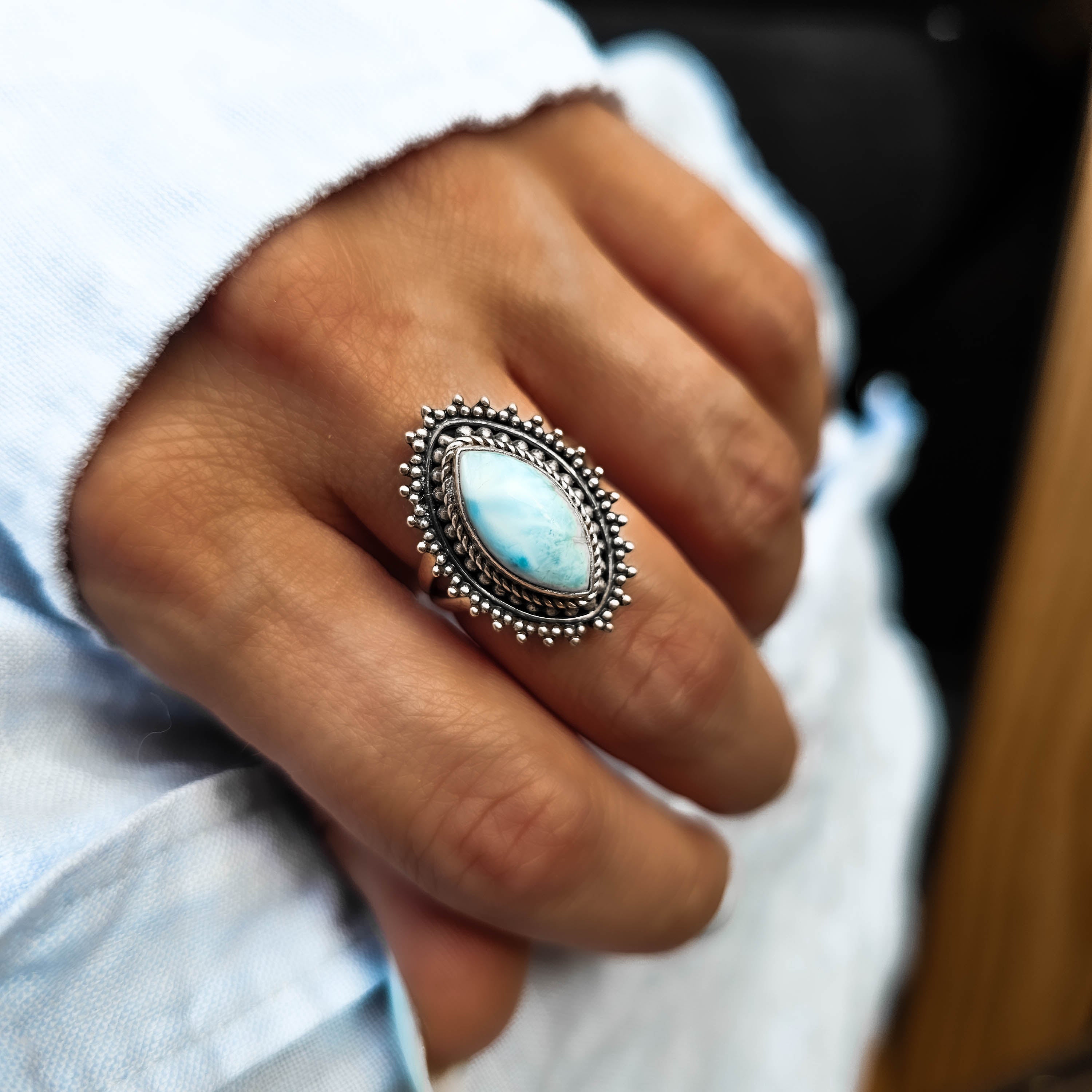 Handcrafted Silver Larimar Gemstone Ring Close Up|Dorsya