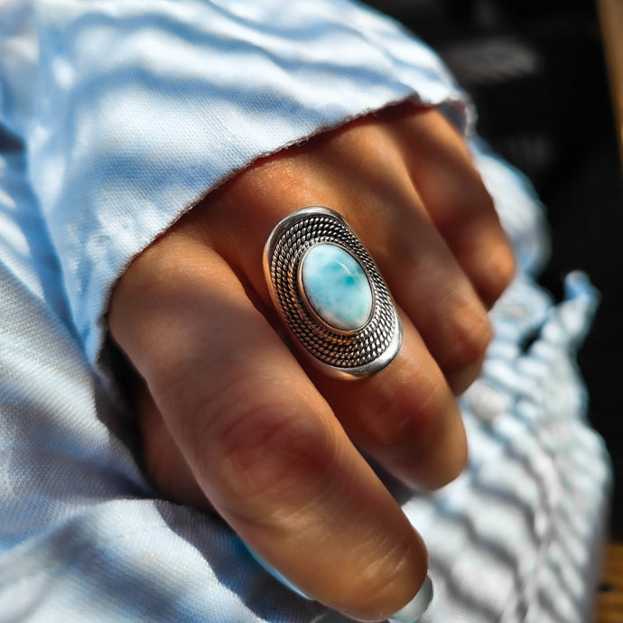Adira ~ Silver Boho Ring with Larimar Gemstone