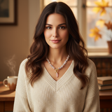 Woman wearing beaded necklace in a beige sweater