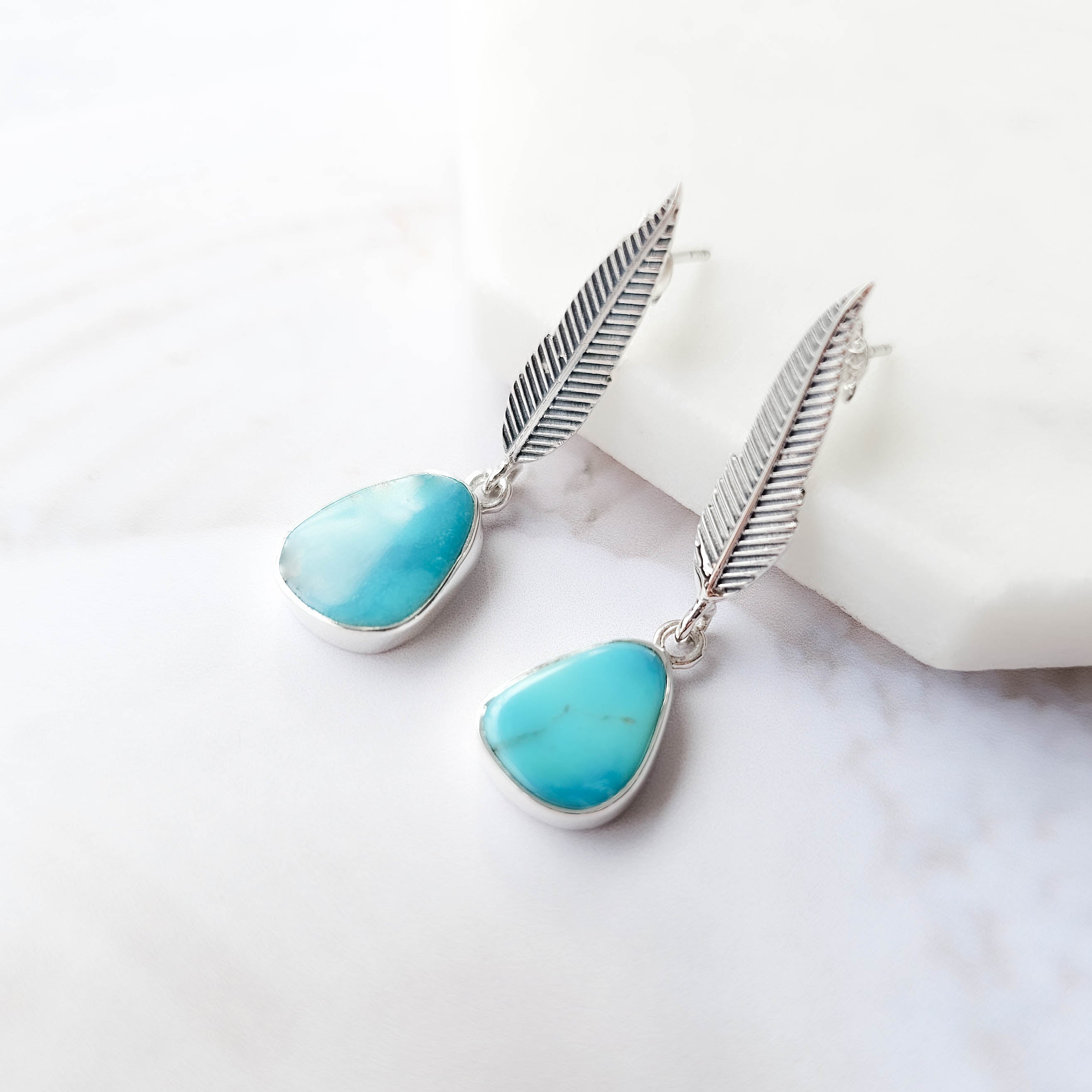 Boho Silver Feather Gemstone Earring Front|Dorsya