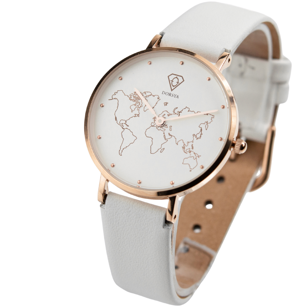 Dorsya | Adiona world map white leather watch 