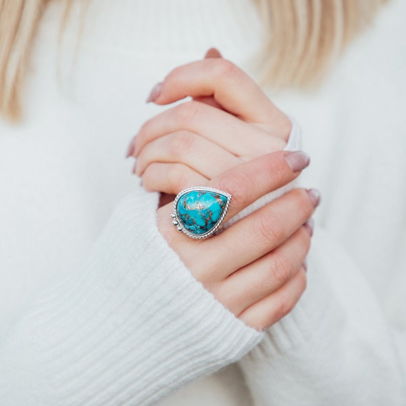 Dorsya - copper turquoise gemstone sterling silver ring, boho ring, accessories, statement ring, gift for her, gemstone ring, meaningful jewellery