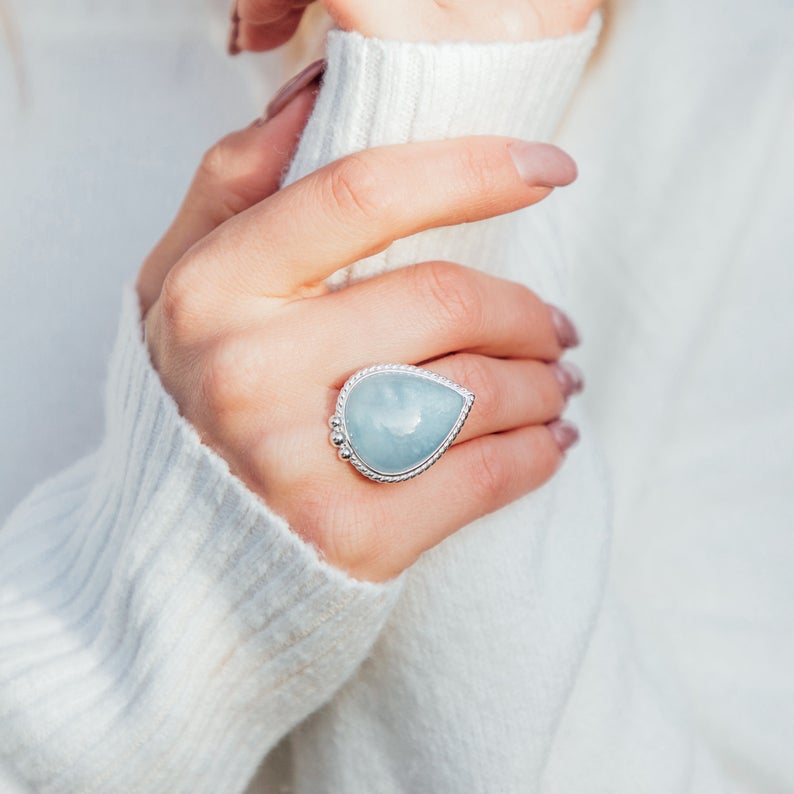 Dorsya - aquamarine gemstone sterling silver ring, boho ring, accessories, statement ring, gift for her, gemstone ring, meaningful jewellery