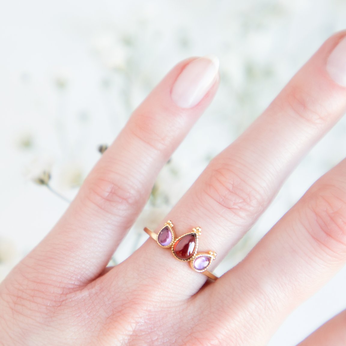 Cyllene ~ Amethyst and Garnet Ring in Gold, gold ring, gold jewellery, gemstone ring-Dorsya