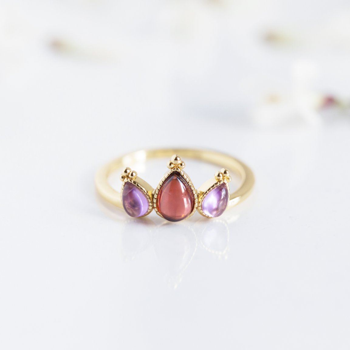 Cyllene ~ Amethyst and Garnet Ring in Gold, gold ring, gold jewellery, gemstone ring-Dorsya