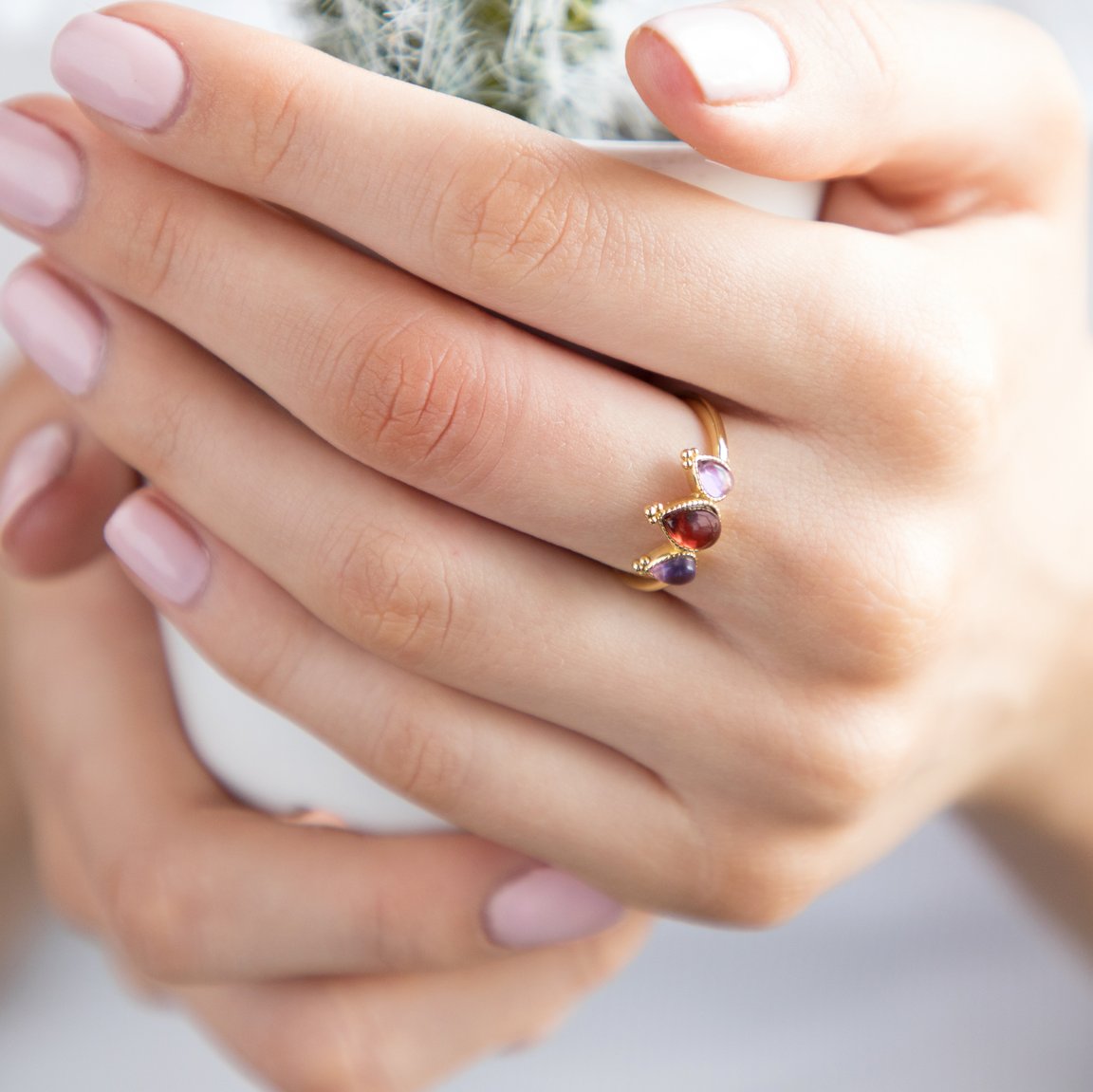 Cyllene ~ Amethyst and Garnet Ring in Gold, gold ring, gold jewellery, gemstone ring-Dorsya