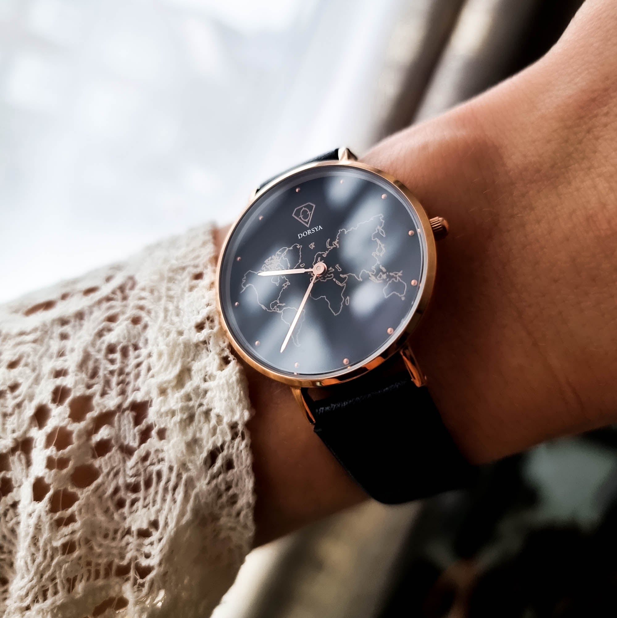 rose gold watch, black watch, world map watch, woman watch - dorsya