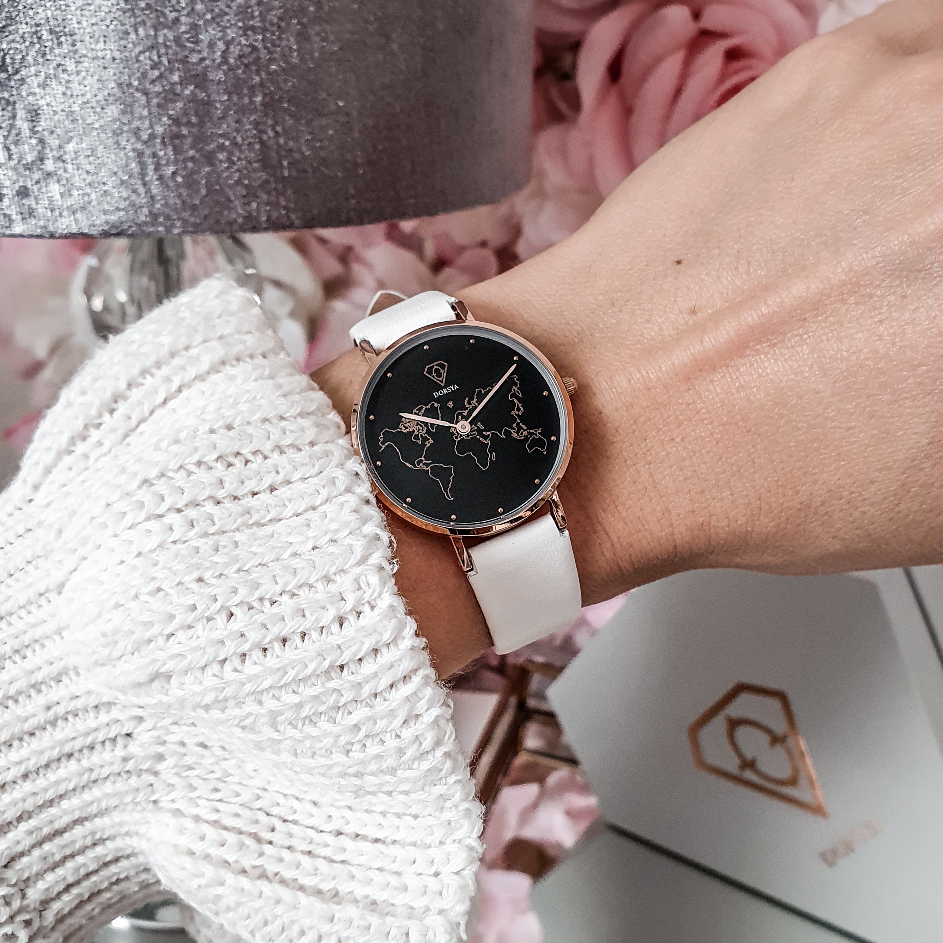 Dorsya Apollo world map watch | white leather watch | Women watch