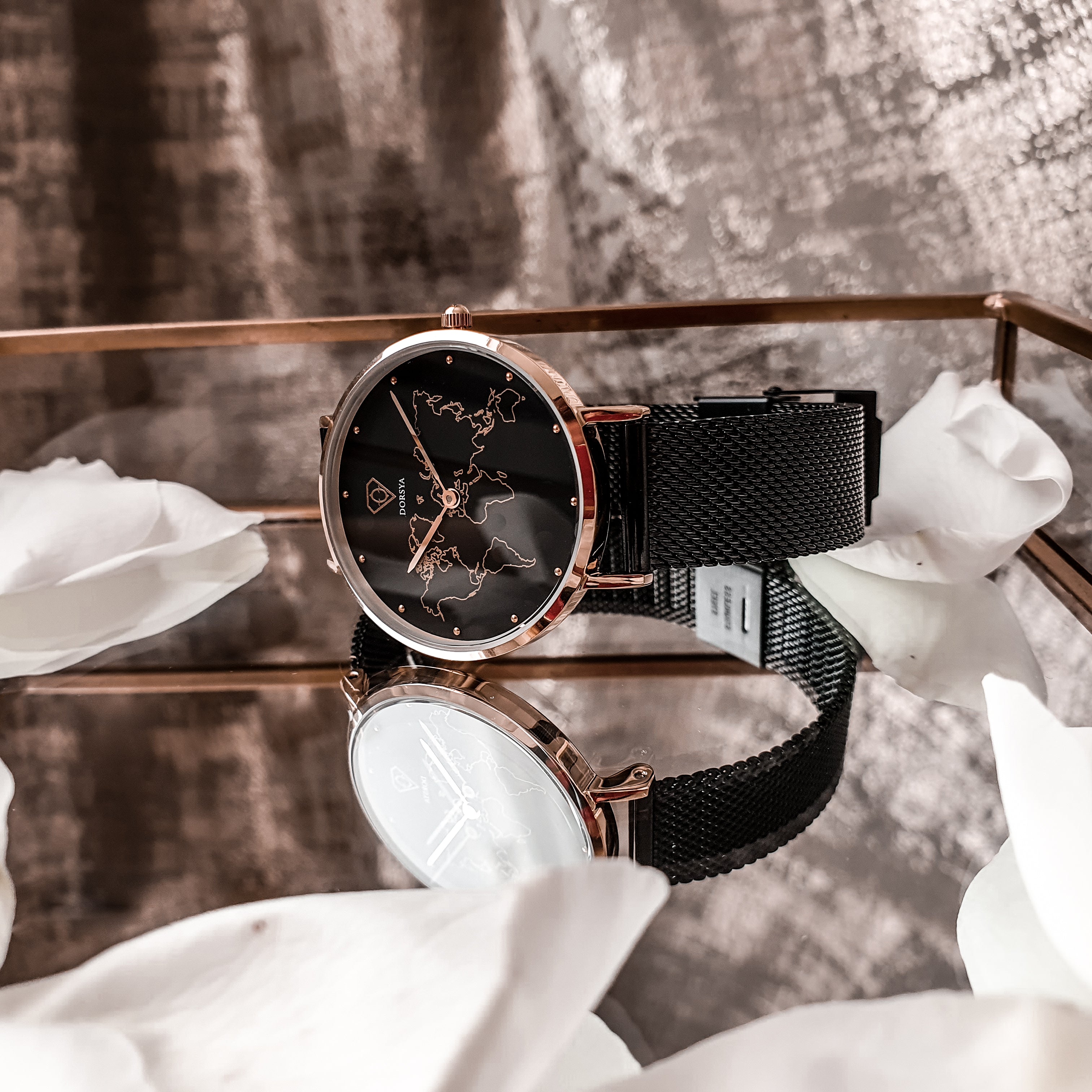 Dorsya| Fortuna world map black mesh watch 