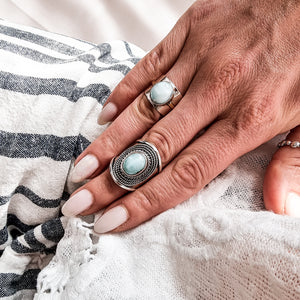Coraline Silver Boho Ring with Larimar Stone