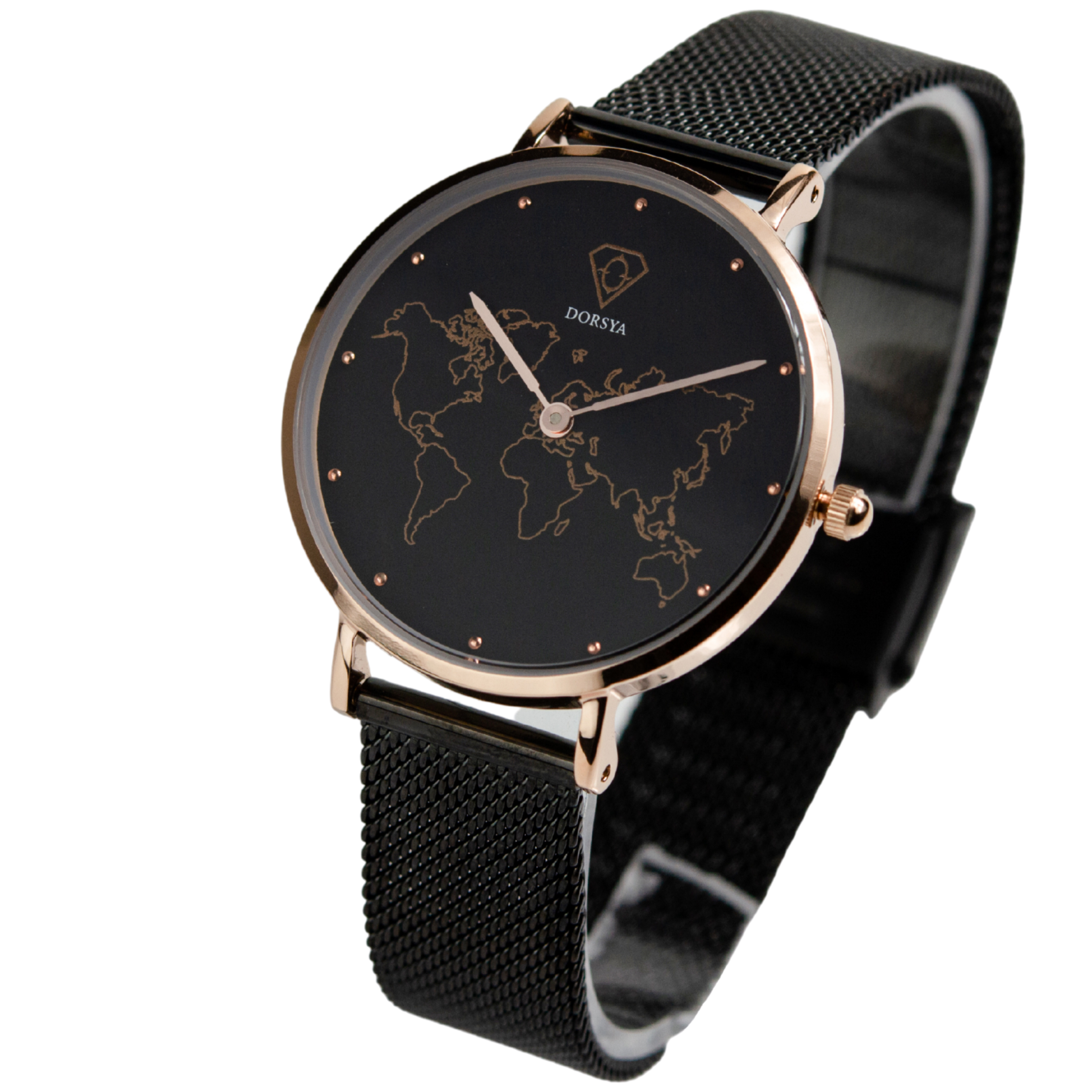Dorsya| Fortuna world map black mesh watch 